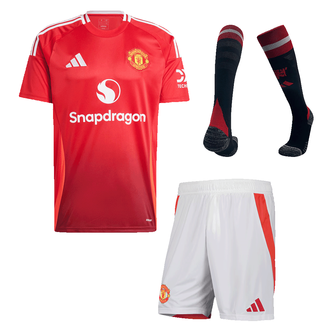 Męski zestaw koszulek piłkarskich Manchester United Home (koszula + spodenki + skarpetki) 2024/25 - Topowe Koszulki Pilkarskie Sklep Internetowy