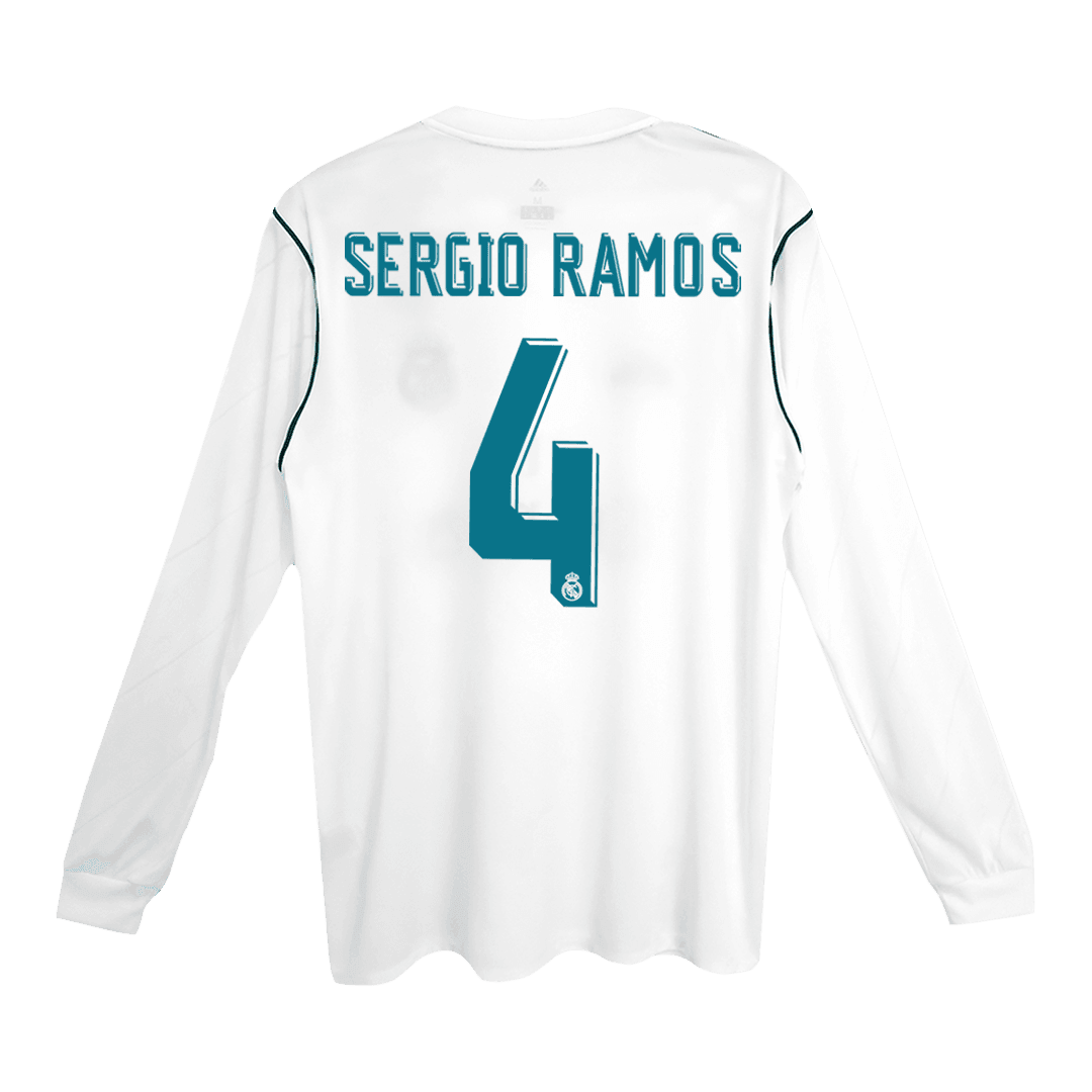 Męska Koszulka Retro Domowa Real Madryt SERGIO RAMOS #4 Długi Rękaw 2017/18 - Topowe Koszulki Pilkarskie Sklep Internetowy