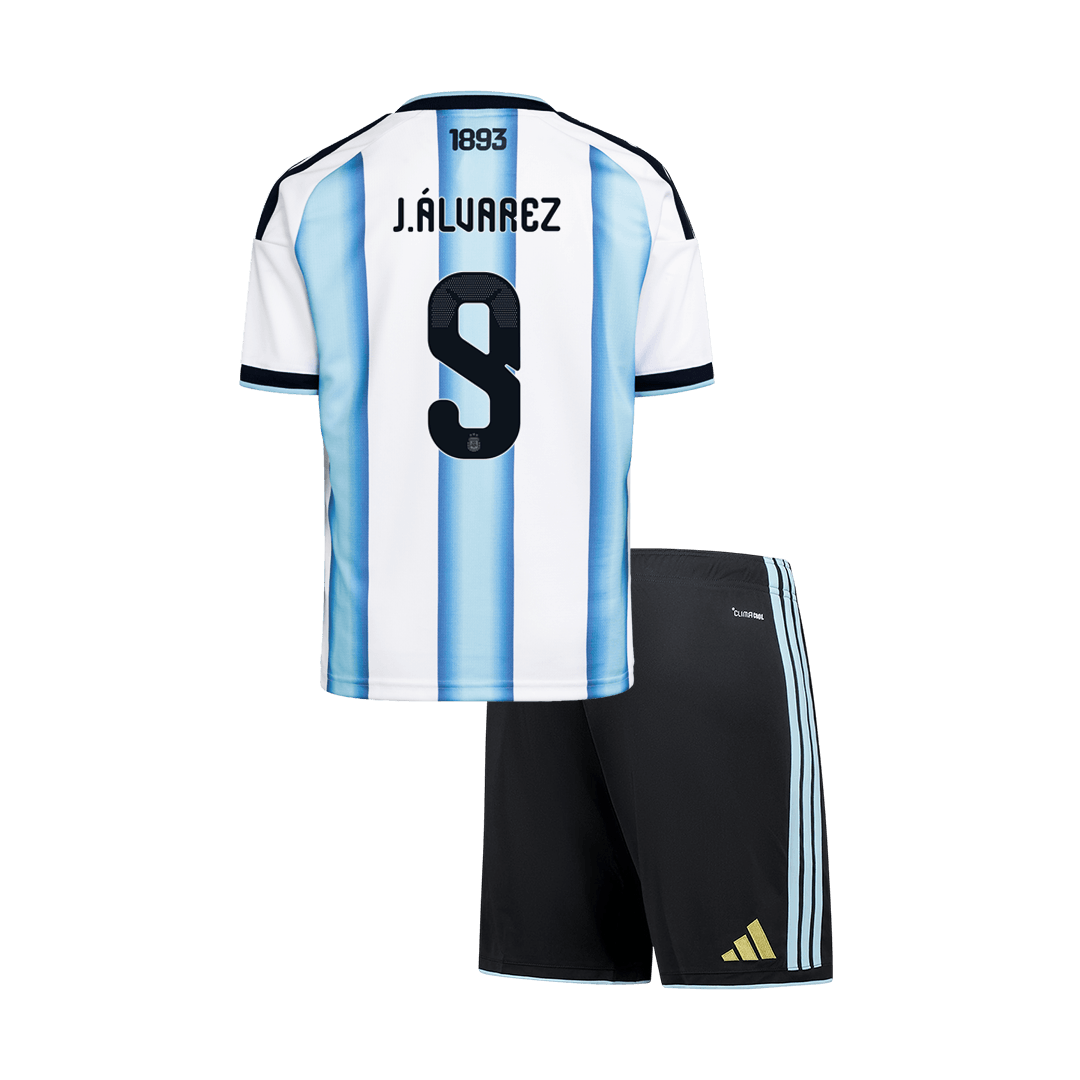 Dziecięcy zestaw Argentyny domowa J.ÁLVAREZ #9 (Koszulka+Spodenki) - Mundial 2026 [PREMIUM]
